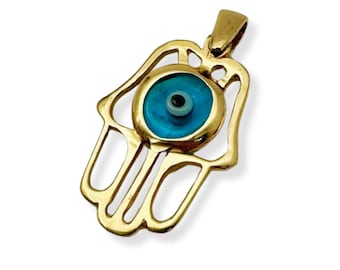 Crystal Evil Eye Hamsa Pendant in 14k Gold, Blue Crystal Hand of Miriam Pendant, Hand of Fatima Protection Charm, Jewish Jewelry from Israel