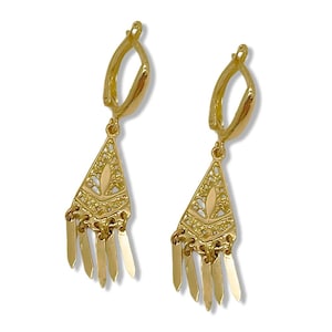 14K Gold Filigree Triangle Earrings, Vintage Israeli Drop Dangle Fringe Jewelry, Handmade in Israel, Boho Statement Earrings for Women