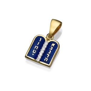 Jewish 10 Commandments Pendant 14K Yellow Gold and Blue Enamel Genuine Diamond - Studded Classic Design, Torah, Hebrew Prayer Jewelry