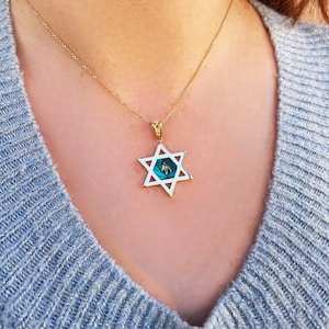 Star of David & Chai Large Pendant in 14k Gold with Israeli Eilat Stone, Jewish Magen David and Hai Protection Pendant, Stand with Israel