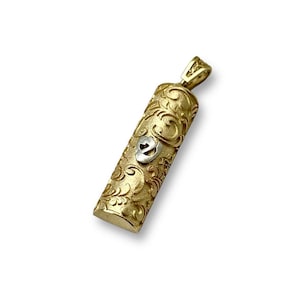 Mezuzah Pendant with Hebrew Shin in 14k Gold, Vintage Style Jewish Protection Charm with Yemenite Curlique, Religious Jewelry from Israel