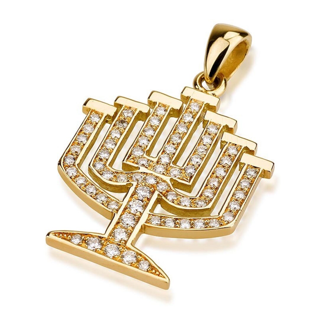 Diamond Menorah Pendant 14K Gold Jewish Pendant Solid 14k Etsy