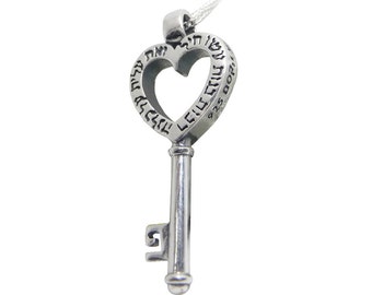 Heart Key Love Pendant in Sterling Silver, Woman of Valor Pendant, Key Necklace Charm, Kabbalah Pendant, Hebrew Wife Romantic Gift