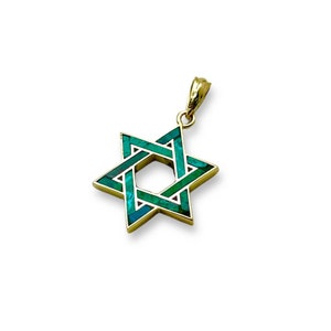 Israelischer Eilatstein Davidstern Anhänger in 14K Gold - 14 mm, Schützender Magen David Halskettenanhänger aus 14K Gold, grüner Eilat Stein aus Israel