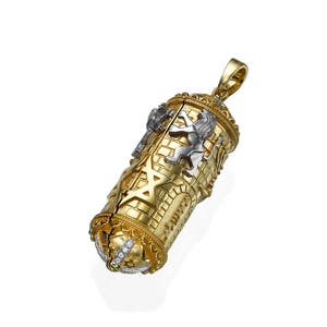 Torah Pendant with Diamonds in 14k Gold Two Tone, Ten Commandments Pendant, Lion of Judah, Star of David, Menorah, Jewish Symbols Pendant