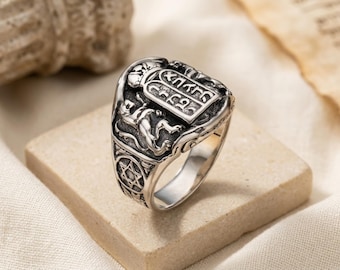 Zehn Gebote Löwe von Jejuda Ring in Sterling Silber, Davidstern Jejuda für Männer