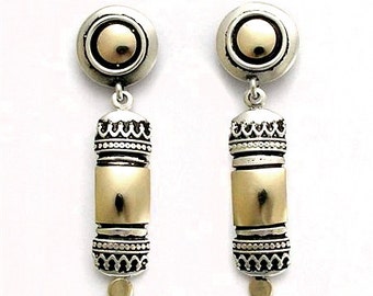 Ethnic Style Filigree Earrings, Yemenite Drop Earrings, Sterling Silver and 14k Gold Earrings, Yemen Earrings, Israel Jewelry, Yemen Jewelry