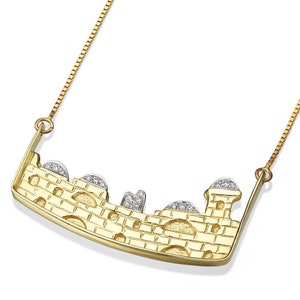 Jerusalem Necklace in 14K Gold & Diamonds, Jerusalem Skyline with Natural Diamonds Pendant with Linked Chain, Solid 14k Gold Israel Jewelry