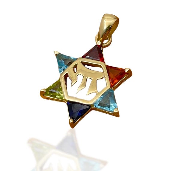 thumbnail image 2 of 14K Yellow Gold Jewish Symbol Safety Pin - Star Of David, Hamsa & Chai Charms 2 of 14