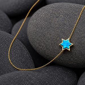 Collar con Estrella de David de oro de 14 quilates, Magen David de ópalo azul, joyería judía.