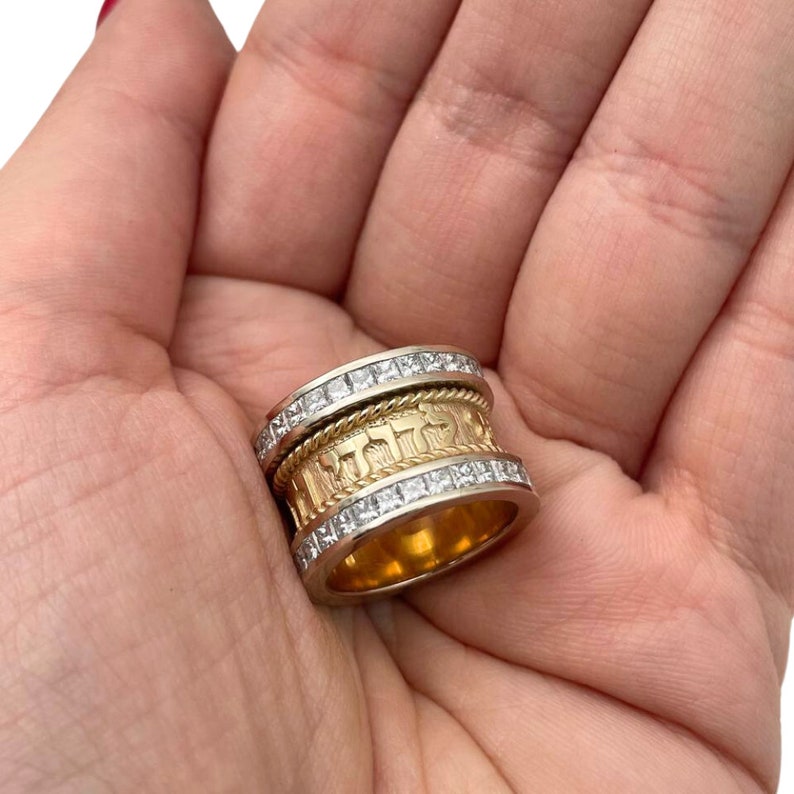 Jewish Wedding Ring, 14k Two Tone Gold Diamond Ani Ledodi Hebrew Wedding Ring, Yellow and White Gold Jewish Ring, Diamond Hebrew Ring