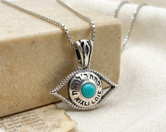 Turquoise Evil Eye Sterling Silver Kabbalah Necklace – Hebrew Prosperity Jewelry