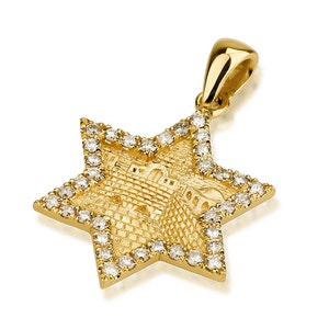 Jerusalem Star of David, 14k Solid Gold Diamond Pendant, Jewish Star Pendant, Hand Engraved Jerusalem Magen David, Jewish Religious Jewelry