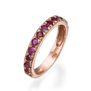 Ruby Ring in 14k Rose Gold, July Birthstone, Vintage Jewelry, Rose Gold Band Set with Red Rubies, Wedding Ring, Gift for Her from Israel