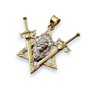 May include: A gold pendant featuring a lion's head, two swords, and a Star of David.