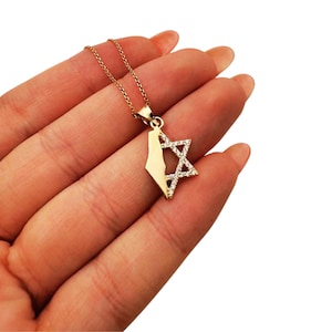 Israel Karte und Davidstern Anhänger 14K Gold & CZ, Umriss des Bundesstaates Israel und Magen David Faith Charm, jüdischer Schmuck aus Israel