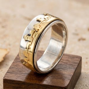 Jerusalem-Skyline-Ring aus Sterlingsilber und 14-karätigem Gold | Jüdisches Geschenk für Männer, das an die Heilige Stadt erinnert