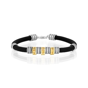 Kabbalah Bracelet with Shema Israel in Sterling Silver and Gold, Men&#39;s Black Leather Jewish Bracelet, Shema Yisrael Faith Jewelry for Him
