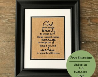 God grant me Serenity burlap print. Christian art. Serenity prayer art. Burlap art.