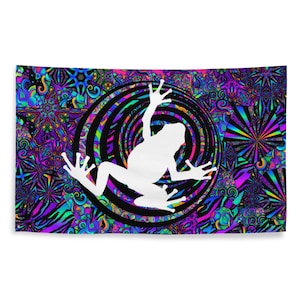 Puede incluir: Una silueta de rana blanca sobre un fondo psicodélico con patrones en espiral en tonos de rosa, azul, verde y morado.