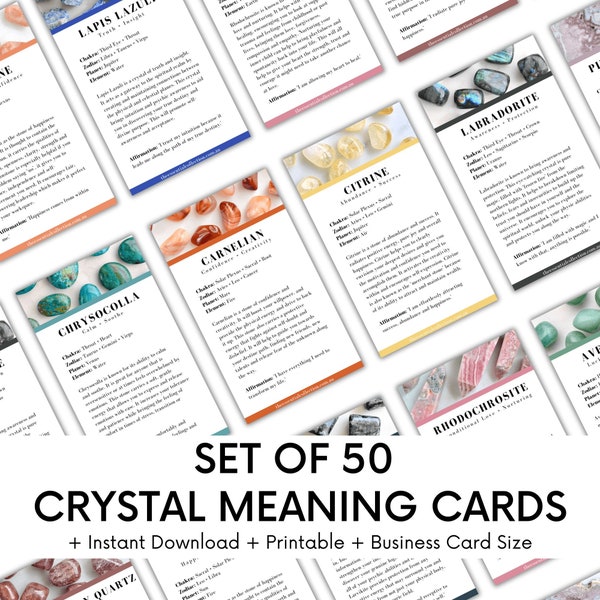 50 PRINTABLE CRYSTAL Cards, PDF Download, Crystal Meanings, Printable Crystal Cards, Crystal Meaning Cards, Crystal Cards Home or Business
