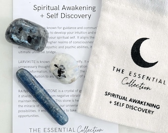 Spiritual Awakening & Self-Discovery Crystal Kit | Tumbled Gemstones Kyanite, Larvikite, Rainbow Moonstone Healing Crystals