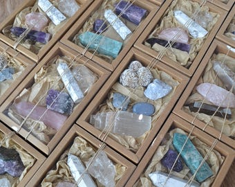 Crystal Gift Box Set, Bulk Crystals, Towers, Points, Raw, Tumbled, Lepidolite, Amazonite, Flower Agate