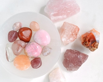 Pink Crystal Confetti Mix: Raw & Tumbled Rose Quartz, Opal, Calcite (300g Pack)