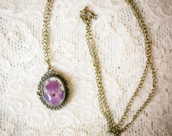 Real Flower Pocket Watch Necklace (Purple Blossom with Queen Anne's Lace)