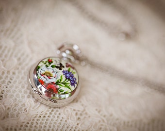 Butterfly Garden Locket Pocket Watch with Mirror