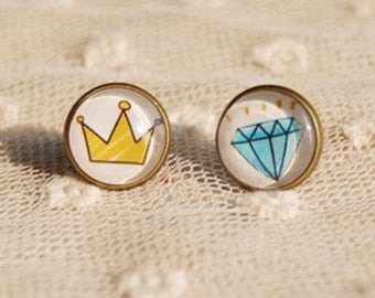 Crown and Diamond Mis Matched Studs