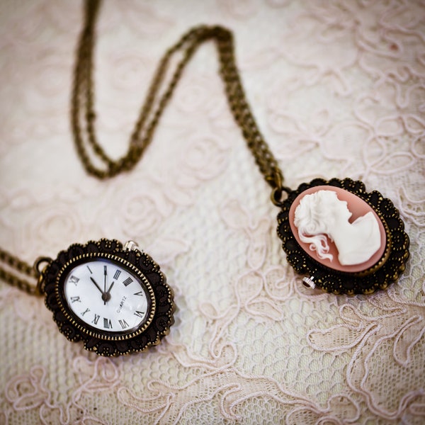 Pink Cameo Pocket Watch Necklace (The Victoria Pocket Watch)