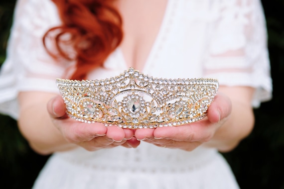 T1861g Tiara Mit österreichischen Kristall-Strasssteinen – Goldfarbenes Diadem Für Braut, Abschlussball & Festliche Anlässe