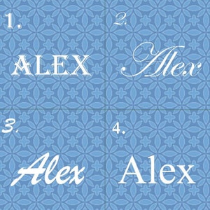 Op de afbeelding: Vier verschillende manieren om de naam "Alex" te schrijven op een blauwe achtergrond met een wit bloemenpatroon. De eerste is in hoofdletters, de tweede is in cursief, de derde is in cursief met een iets andere stijl en de vierde is in een eenvoudig sans-serif lettertype.
