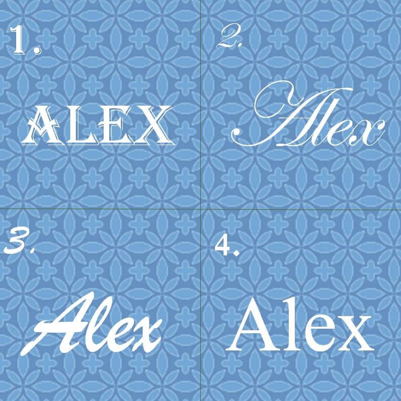 Op de afbeelding: Vier verschillende manieren om de naam "Alex" te schrijven op een blauwe achtergrond met een wit bloemenpatroon. De eerste is in hoofdletters, de tweede is in cursief, de derde is in cursief met een iets andere stijl en de vierde is in een eenvoudig sans-serif lettertype.