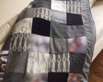 Afstudeerquilt. Afscheidscadeau. Het huis verlaten. Einde van het jaar. Cadeau voor papa. Fotoquilt, patchwork bedrukte quilt, familie grijze quilt, geheugendeken