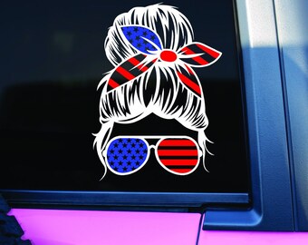 Calcomanía de vinilo para auto con moño desordenado patriótico de EE. UU. - **ENVÍO GRATIS**