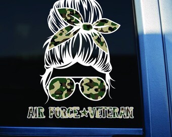 Calcomanía de vinilo para coche con diseño patriótico de camuflaje de moño despeinado de veterano de la Fuerza Aérea de EE. UU. - **ENVÍO GRATIS**