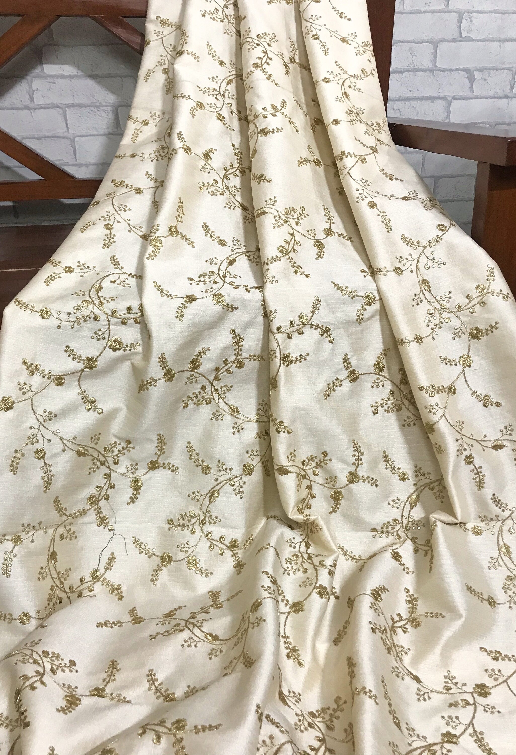 50 SALE Ivory Gold Embroidered Fabric Dress Fabric Gown Etsy
