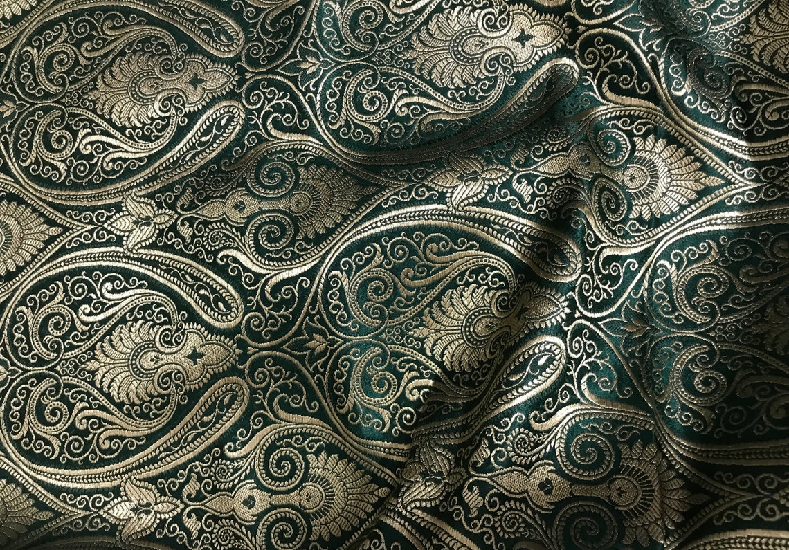 40 SALE Indian Brocade Fabric Green and Gold Brocade Indian Etsy
