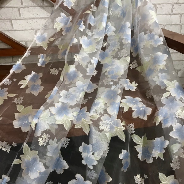 SALE 30% Silk Organza Bridal Fabric, Sheer Floral Print Wedding fabric by Yard, Fashion Fabric, Dress Fabric NFAF95