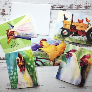Cartes de poulet à l'aquarelle, cinq motifs de poulet différents avec enveloppes