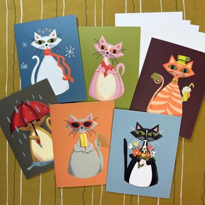Groovy Retro Katzen Grußkarten Set - wunderliche Vintage-inspirierte Katzen für jeden Monat (6er Set)