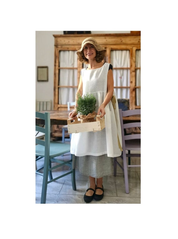 White Linen Apron for the Kitchen Linen Pinafore Etsy