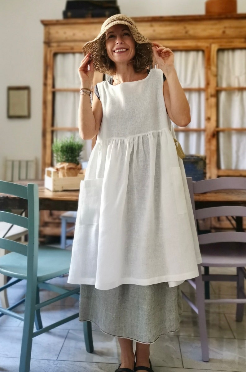 White Linen Apron for the Kitchen Linen Pinafore Etsy