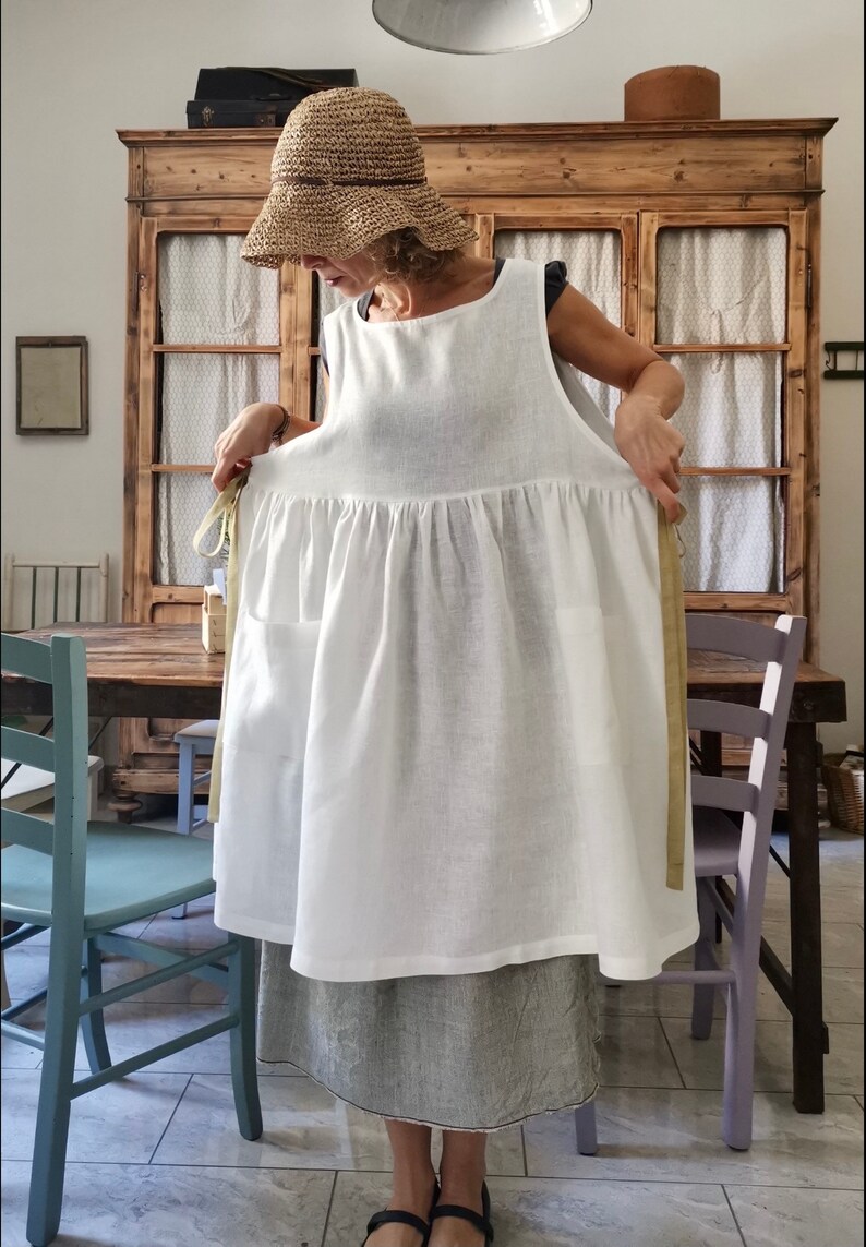 White Linen Apron for the Kitchen Linen Pinafore Etsy