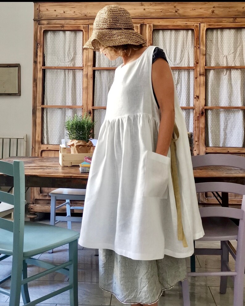 White Linen Apron for the Kitchen Linen Pinafore Etsy