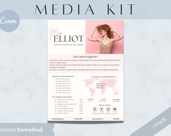 May include: A pink and white media kit with the text "Media Kit" in a large, bold font. The kit includes information about a content creator and influencer named Mia Elliot, including her previous partnerships, collaboration rates, statistics and demographics, and social media handles.