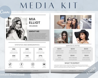 Peut inclure: Une trousse média en noir et blanc pour une influenceuse des médias sociaux nommée Mia Elliot. La trousse comprend des statistiques et des données démographiques, des services et des tarifs, ainsi que ce à quoi s'attendre. La trousse comprend également des poignées de médias sociaux et des coordonnées.