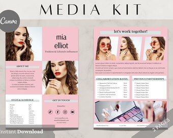 May include: A pink and white media kit for a fashion and lifestyle influencer named Mia Elliot. The kit includes information about Mia, her stats and audience, collaboration rates, and previous partnerships. The kit also includes contact information and a call to action to work together.